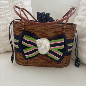 Woven Straw Tote with Navy, Pink & Green Bow and Shell Accent